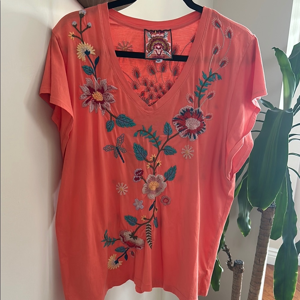 Embroidered Floral Coral Top